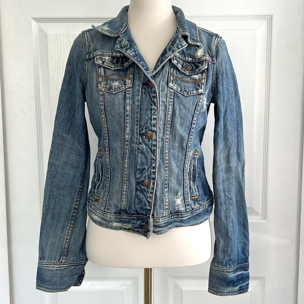 Vintage Abercrombie & Fitch Distressed Denim Jean Trucker Jacket Womens sz M
